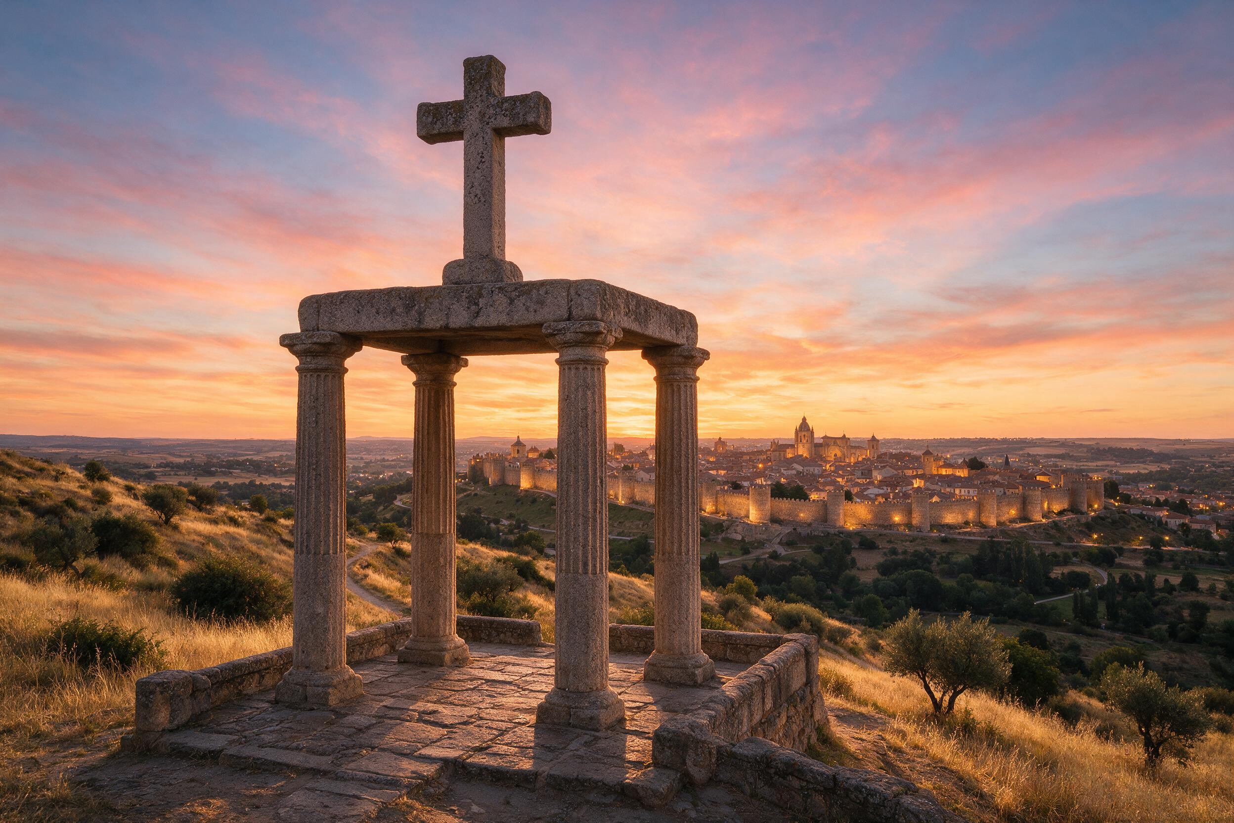 Los Cuatro Postes con la ciudad amurallada de Ávila al fondo